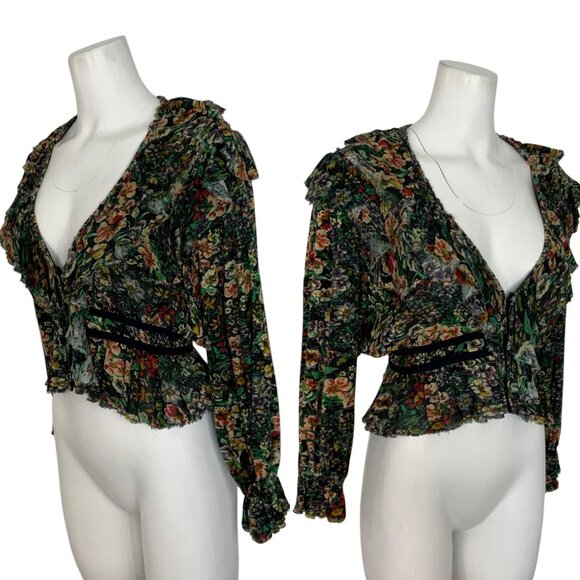 Free People Rudi Ruffle Top M Night Garden Ruffle Floral V-Neck Cropped Mosscore - Picture 3 of 11